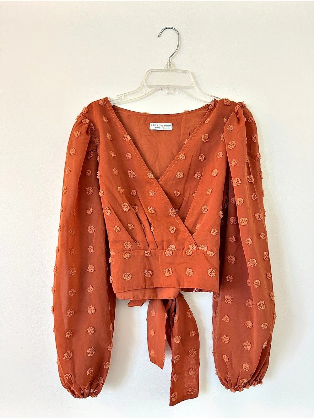 Paper Crane Swiss Dot Wrap Crop Top Floral Blouse in Orange